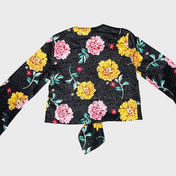 Topshop Small Cropped Long Sleeve Black Polka Dot Tie Front Blouse Vintage Chic - Picture 6 of 7